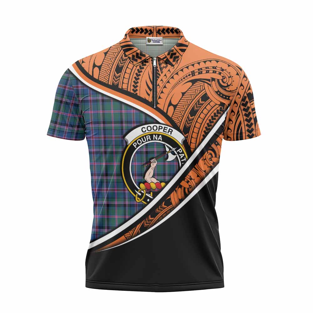 Tartan Vibes Clothing Cooper Crest Tartan Zipper Polo Shirt with Maori Tattoo Style - Orange Version