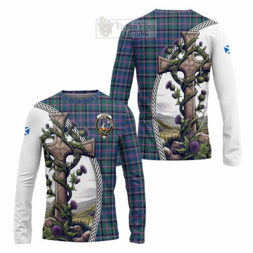 Cooper Tartan Long Sleeve T-Shirt with Family Crest and St. Andrew's Cross Accented by Thistle Vines