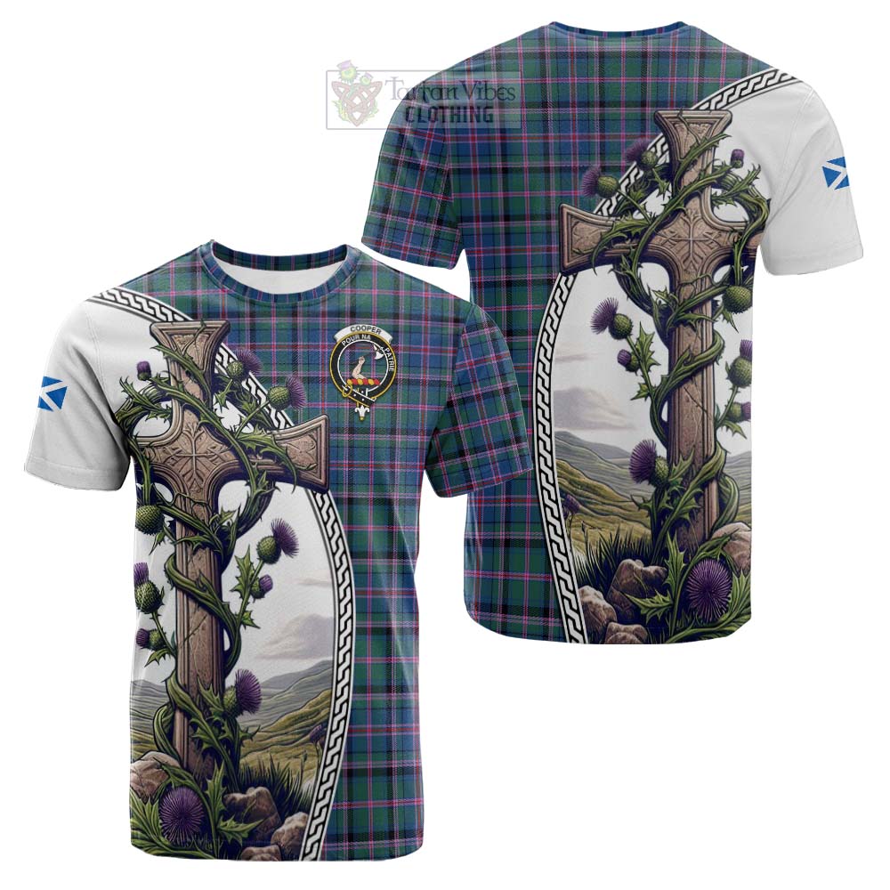 Tartan Vibes Clothing Cooper Tartan Cotton T-shirt with Family Crest and St. Andrew's Cross Accented by Thistle Vines