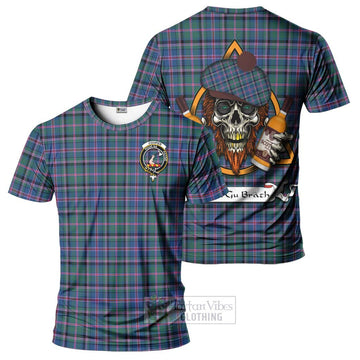 Cooper Tartan T-Shirt with Family Crest and Bearded Skull Holding Bottles of Whiskey