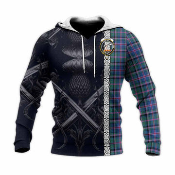 Cooper Tartan Knitted Hoodie with Family Crest Cross Sword Thistle Celtic Vibes