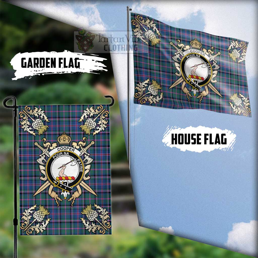 Tartan Vibes Clothing Cooper Tartan Flag with Family Crest and Golden Thistle Crossed Sword Design