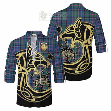 Cooper Tartan Ghillie Kilt Shirt with Family Crest Celtic Wolf Style