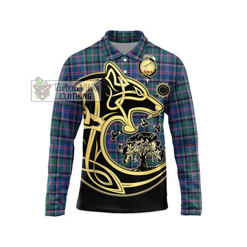 Cooper Tartan Long Sleeve Polo Shirt with Family Crest Celtic Wolf Style