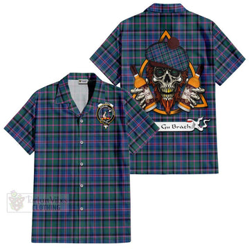 Cooper Tartan Short Sleeve Button Shirt with Family Crest and Bearded Skull Holding Bottles of Whiskey