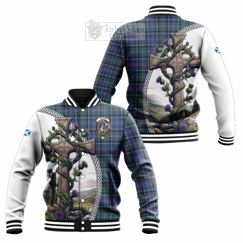 Tartan Vibes Clothing Cooper Tartan Baseball Jacket with Family Crest and St. Andrew's Cross Accented by Thistle Vines