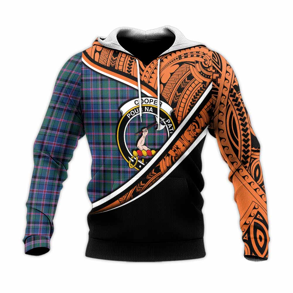 Tartan Vibes Clothing Cooper Crest Tartan Knitted Hoodie with Maori Tattoo Style - Orange Version