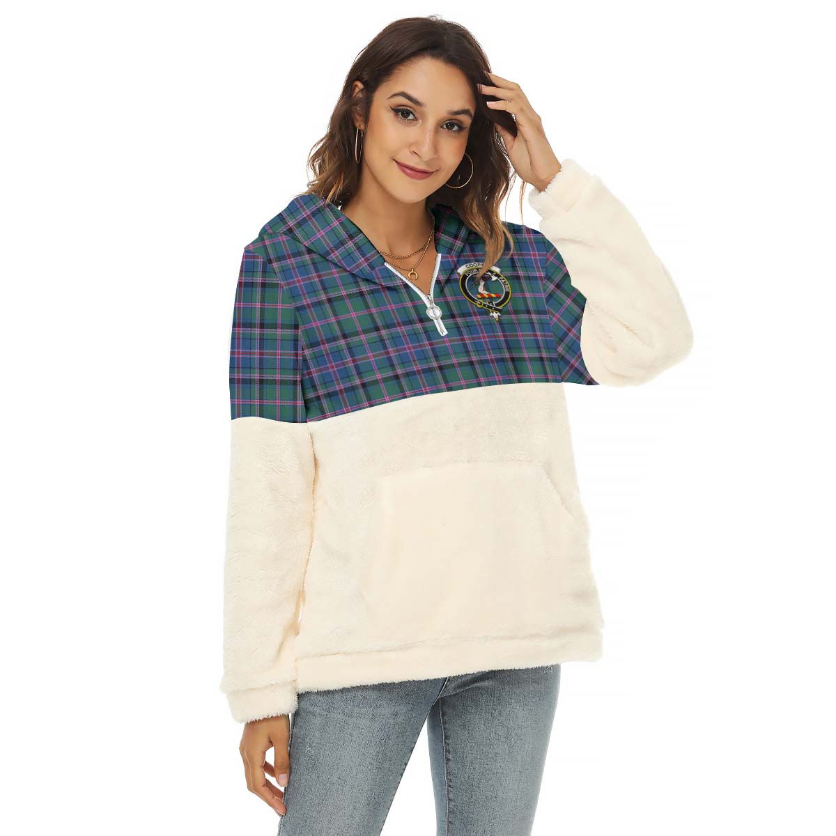 Cooper Tartan Women's Borg Fleece Hoodie With Half Zip with Family Crest Female - Tartan Vibes Clothing