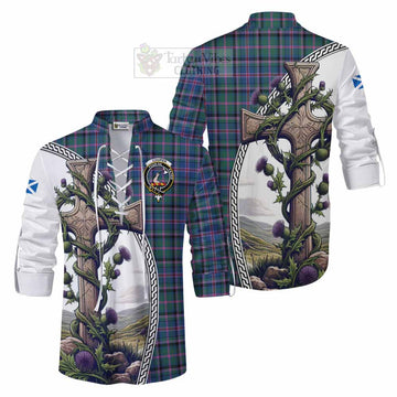 Cooper Tartan Ghillie Kilt Shirt with Family Crest and St. Andrew's Cross Accented by Thistle Vines