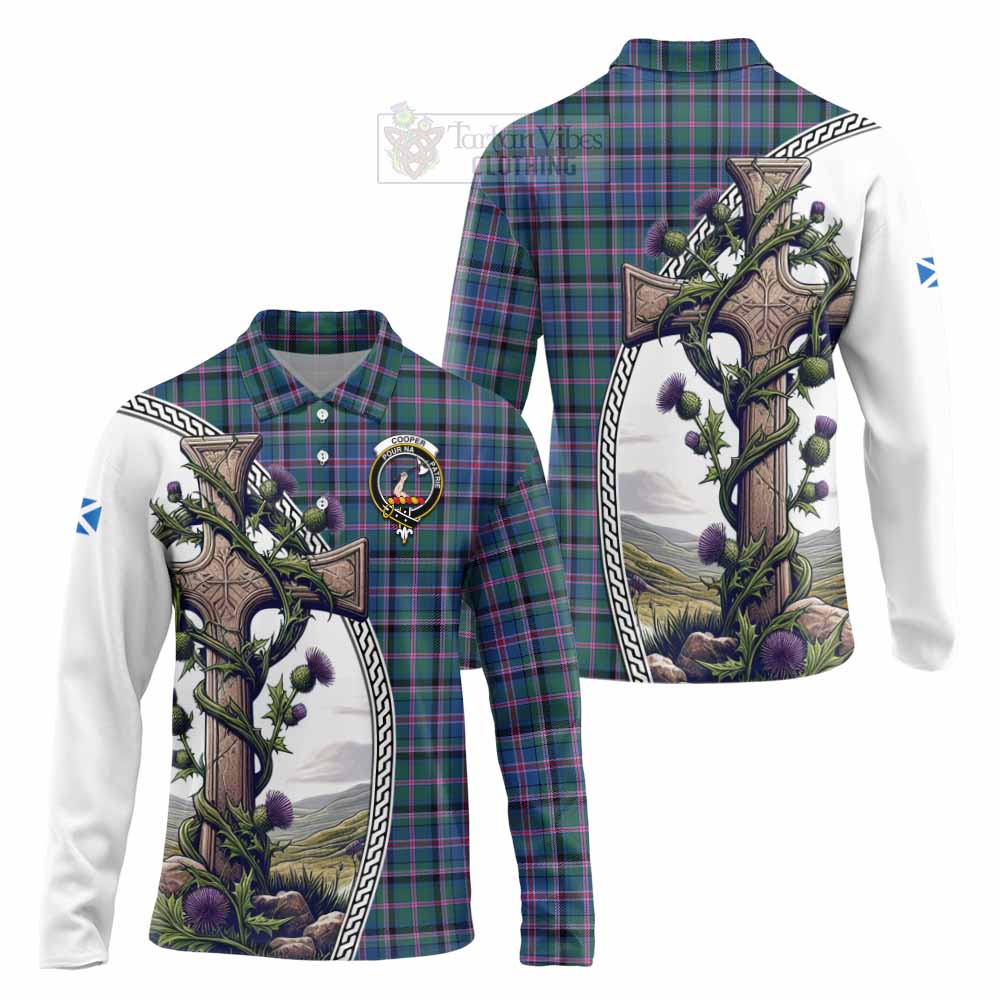 Tartan Vibes Clothing Cooper Tartan Long Sleeve Polo Shirt with Family Crest and St. Andrew's Cross Accented by Thistle Vines