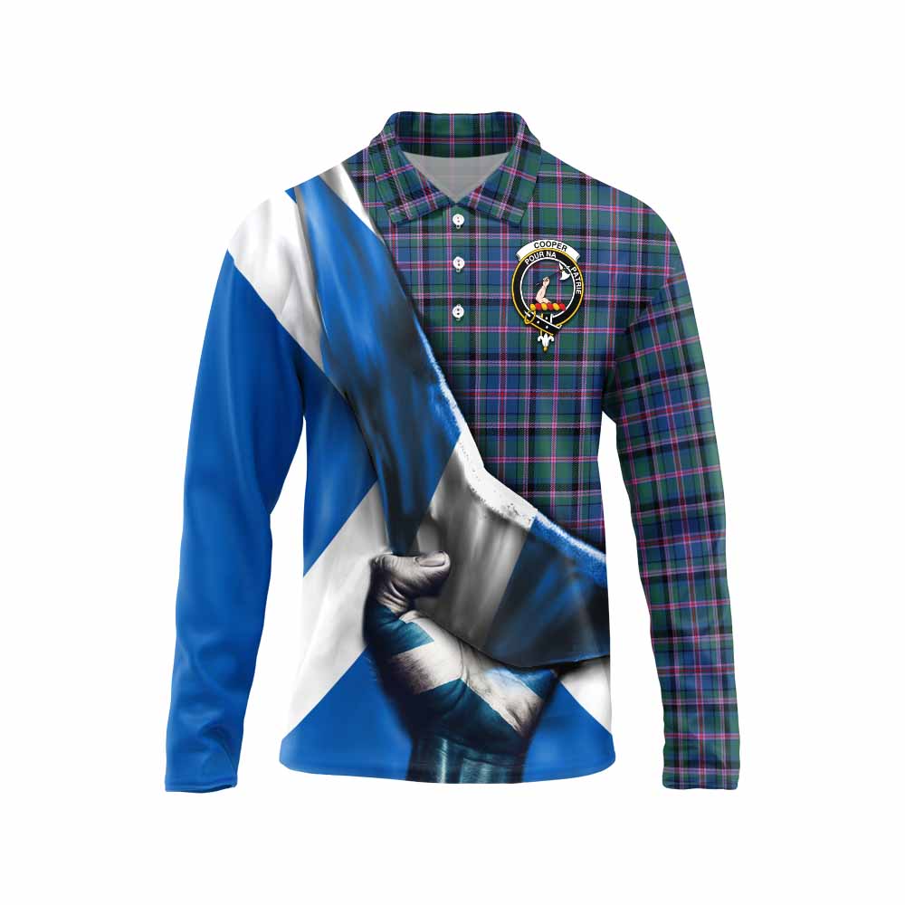 Tartan Vibes Clothing Cooper Tartan Long Sleeve Polo Shirt with Family Crest Scotland Patriotic Style