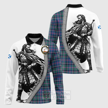 Cooper Tartan Clan Crest Long Sleeve Polo Shirt with Highlander Warrior Celtic Style