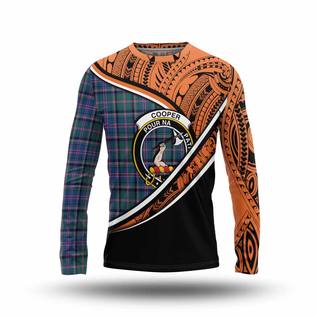 Tartan Vibes Clothing Cooper Crest Tartan Long Sleeve T-Shirt with Maori Tattoo Style - Orange Version