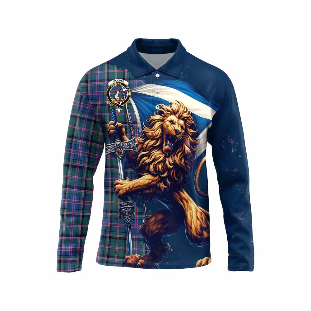 Tartan Vibes Clothing Cooper Tartan Family Crest Long Sleeve Polo Shirt with Scottish Majestic Lion