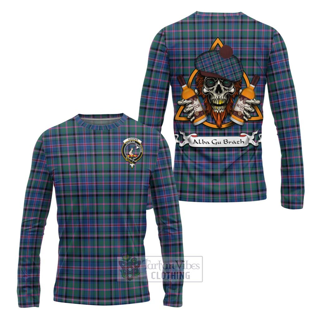 Tartan Vibes Clothing Cooper Tartan Long Sleeve T-Shirt with Family Crest and Bearded Skull Holding Bottles of Whiskey