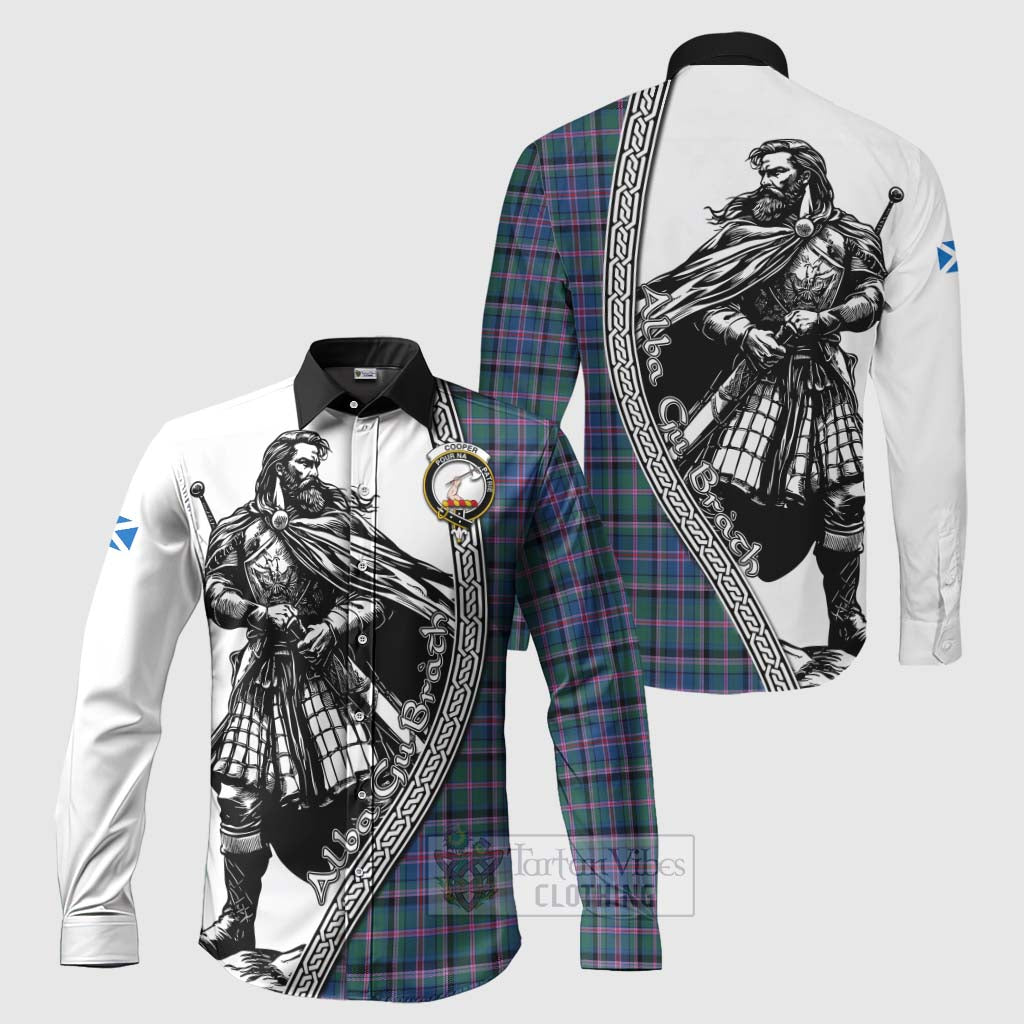 Cooper Tartan Clan Crest Long Sleeve Button Shirt with Highlander Warrior Celtic Style Men's Shirt S - Tartan Vibes Clothing