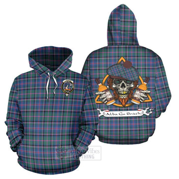 Cooper Tartan Hoodie with Family Crest and Bearded Skull Holding Bottles of Whiskey