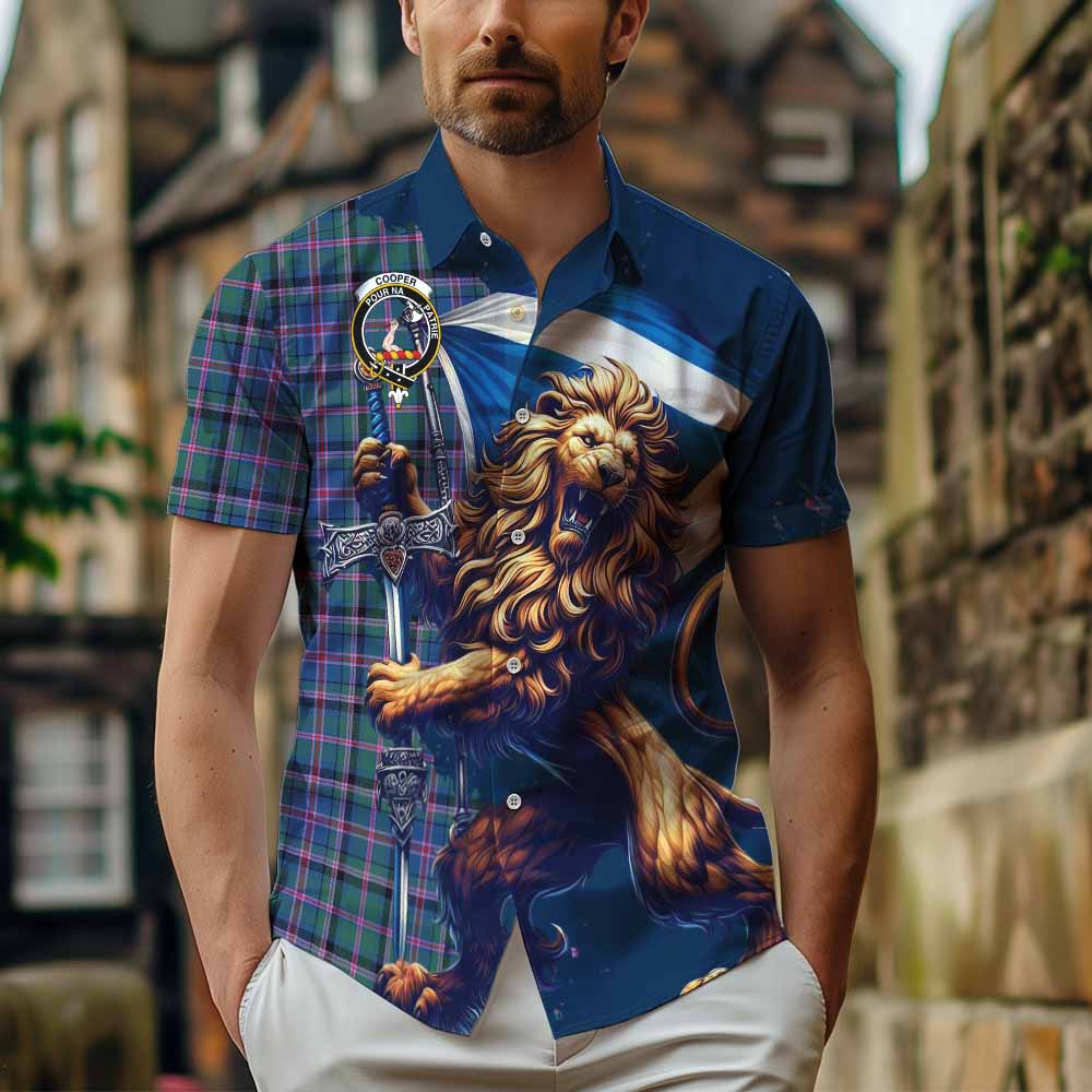 Tartan Vibes Clothing Cooper Tartan Family Crest Short Sleeve Button Shirt with Scottish Majestic Lion