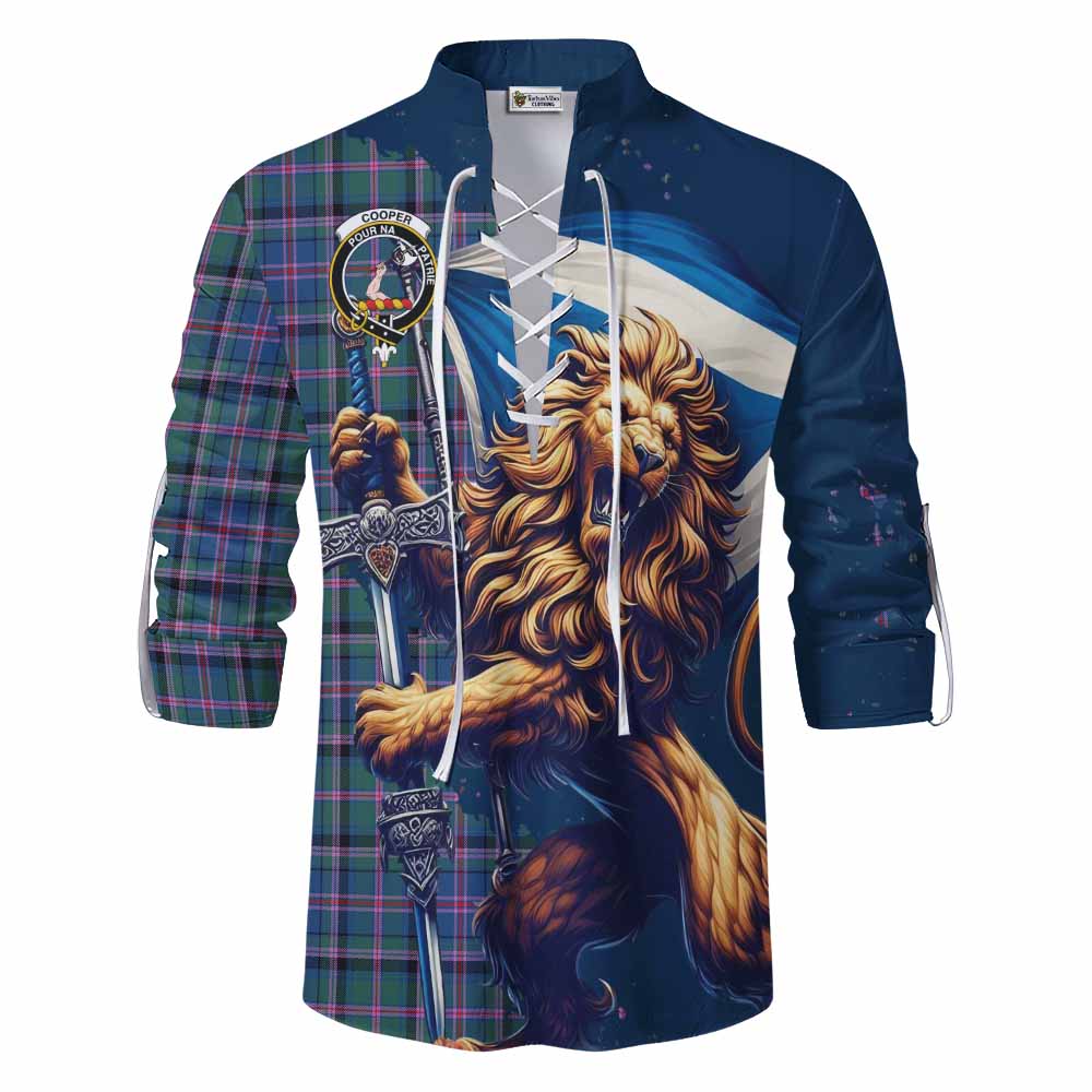 Tartan Vibes Clothing Cooper Tartan Family Crest Ghillie Kilt Shirt with Scottish Majestic Lion