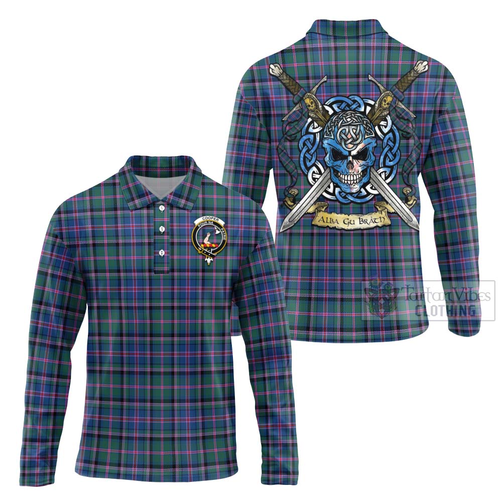 Tartan Vibes Clothing Cooper Tartan Long Sleeve Polo Shirt with Family Crest Celtic Skull Style