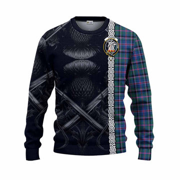 Cooper Tartan Knitted Sweater with Family Crest Cross Sword Thistle Celtic Vibes