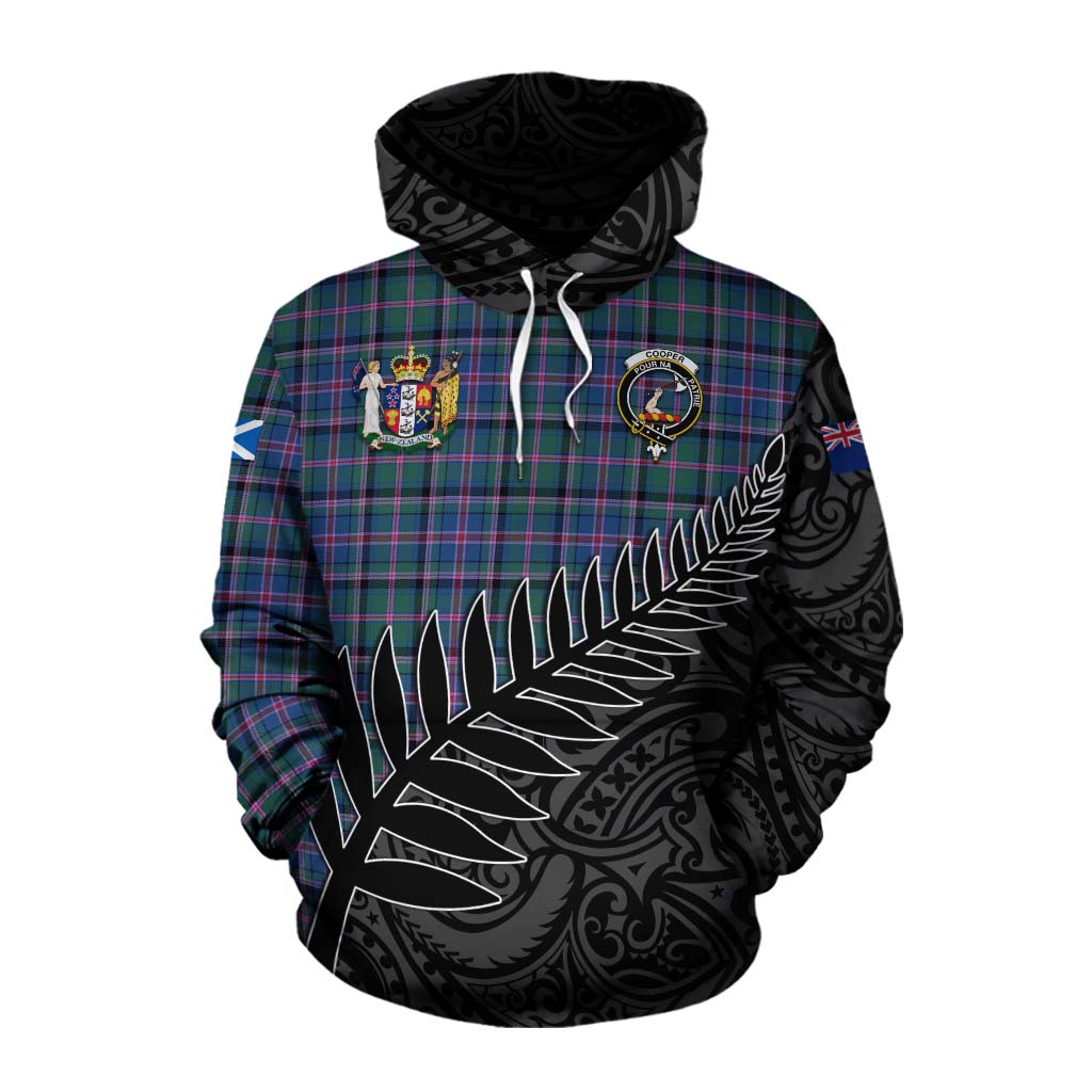 Tartan Vibes Clothing Cooper Crest Tartan Cotton Hoodie with New Zealand Silver Fern Half Style