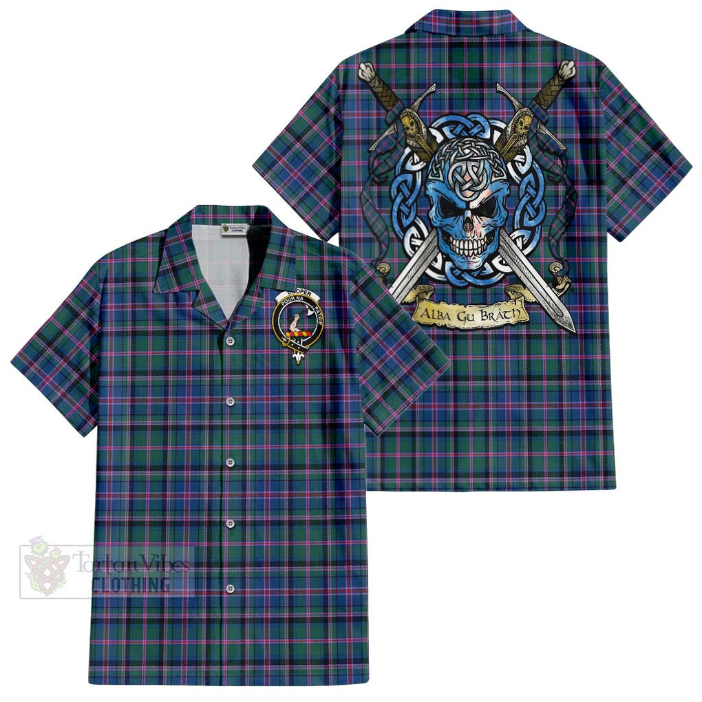 Tartan Vibes Clothing Cooper Tartan Short Sleeve Button Shirt with Family Crest Celtic Skull Style