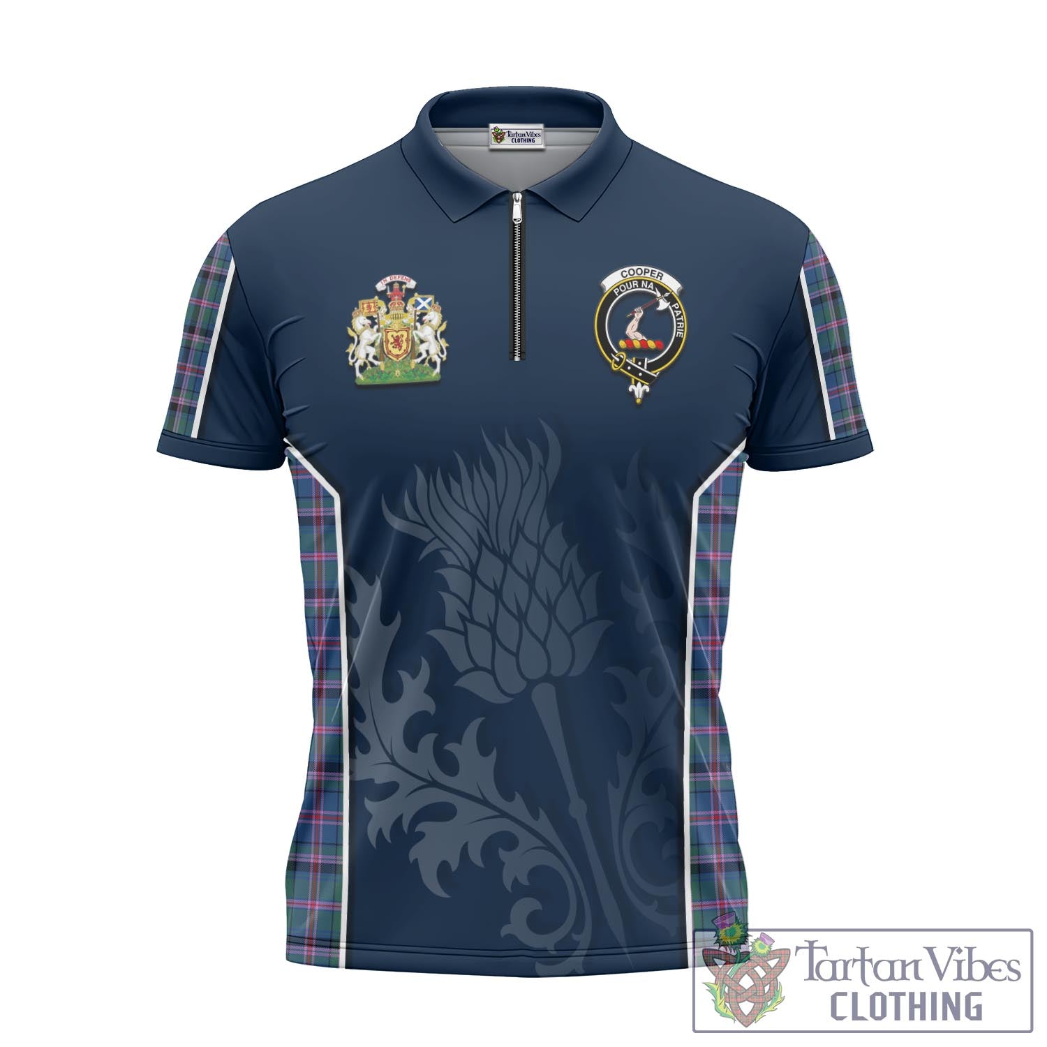 Tartan Vibes Clothing Cooper Tartan Zipper Polo Shirt with Family Crest and Scottish Thistle Vibes Sport Style