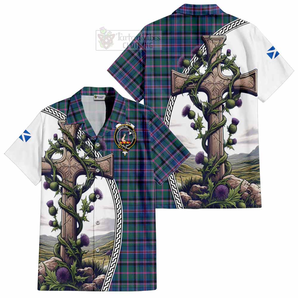 Tartan Vibes Clothing Cooper Tartan Short Sleeve Button Shirt with Family Crest and St. Andrew's Cross Accented by Thistle Vines