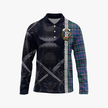 Cooper Tartan Long Sleeve Polo Shirt with Family Crest Cross Sword Thistle Celtic Vibes