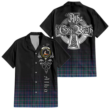 Cooper Tartan Short Sleeve Button Up Shirt Featuring Alba Gu Brath Family Crest Celtic Inspired