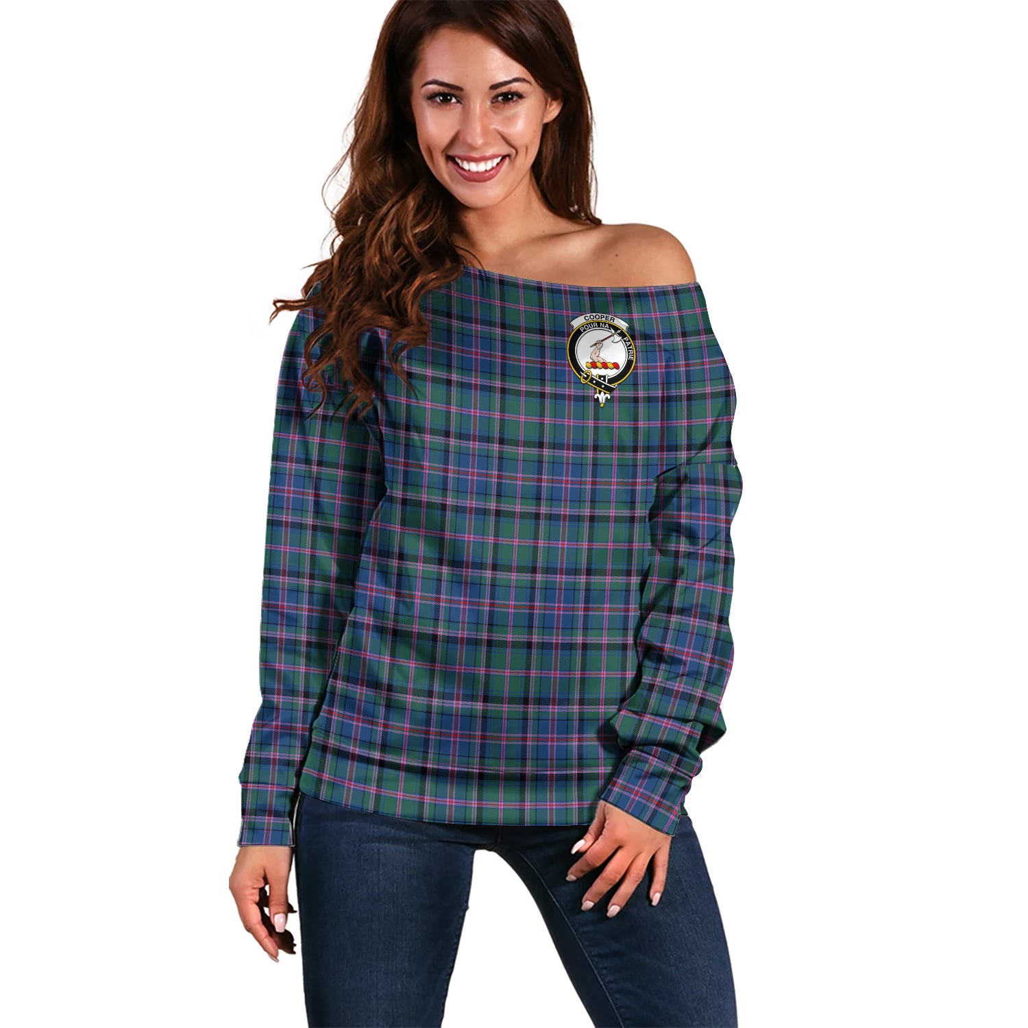 Cooper Tartan Off Shoulder Women Sweater with Family Crest Women - Tartanvibesclothing