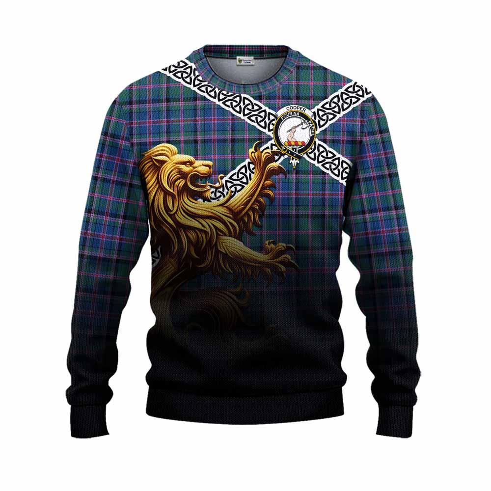 Cooper Crest Tartan Knitted Sweater with Golden Lion Emblem Celtic Style Unisex - Tartan Vibes Clothing