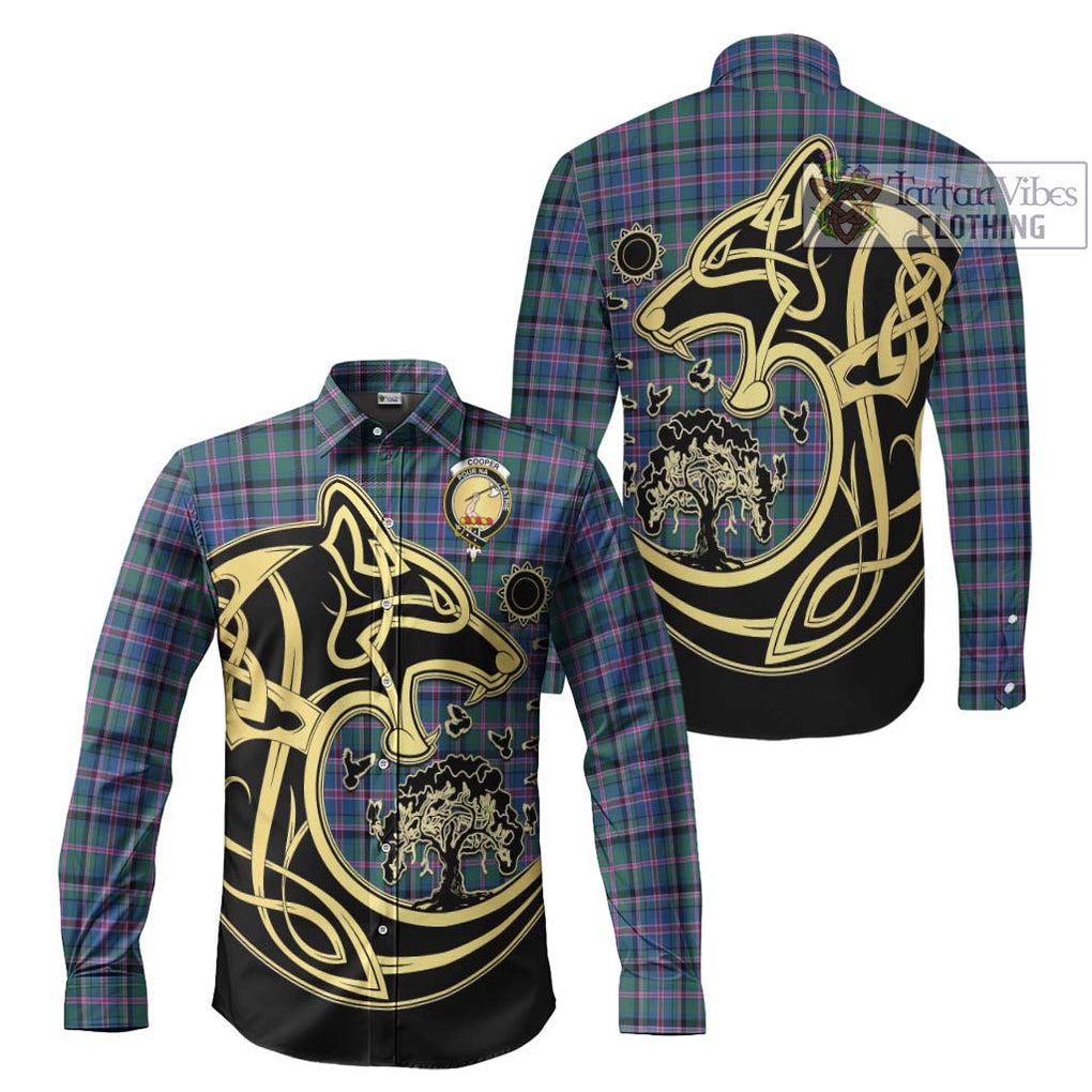 Cooper Tartan Long Sleeve Button Shirt with Family Crest Celtic Wolf Style Men's Shirt S - Tartan Vibes Clothing