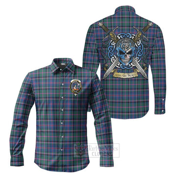 Cooper Tartan Long Sleeve Button Shirt with Family Crest Celtic Skull Style