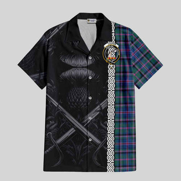 Cooper Tartan Short Sleeve Button Shirt with Family Crest Cross Sword Thistle Celtic Vibes