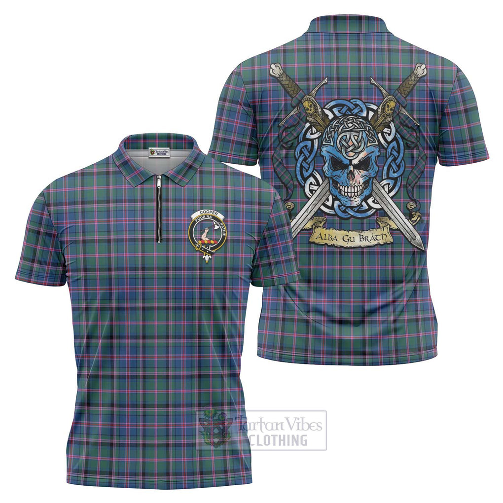 Tartan Vibes Clothing Cooper Tartan Zipper Polo Shirt with Family Crest Celtic Skull Style