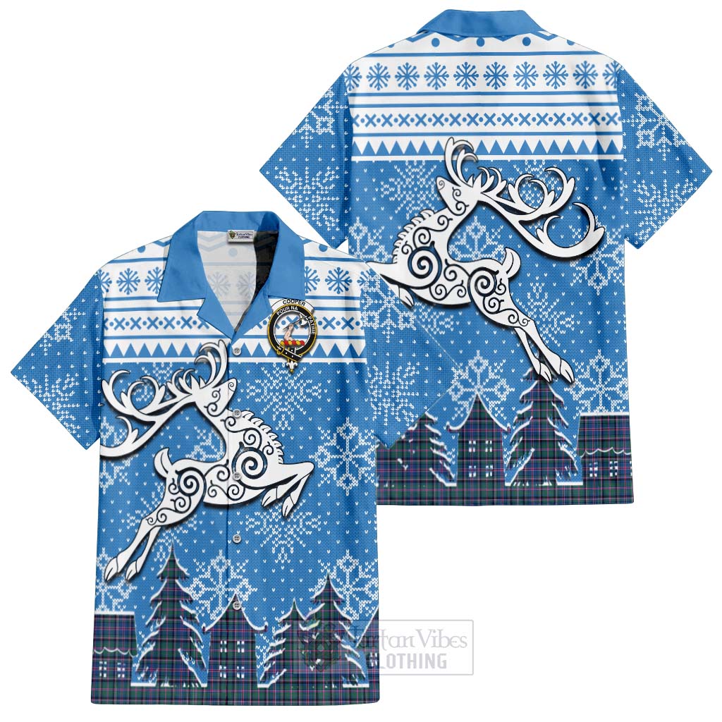 Tartan Vibes Clothing Cooper Clan Christmas Short Sleeve Button Shirt Celtic Reindeer Style