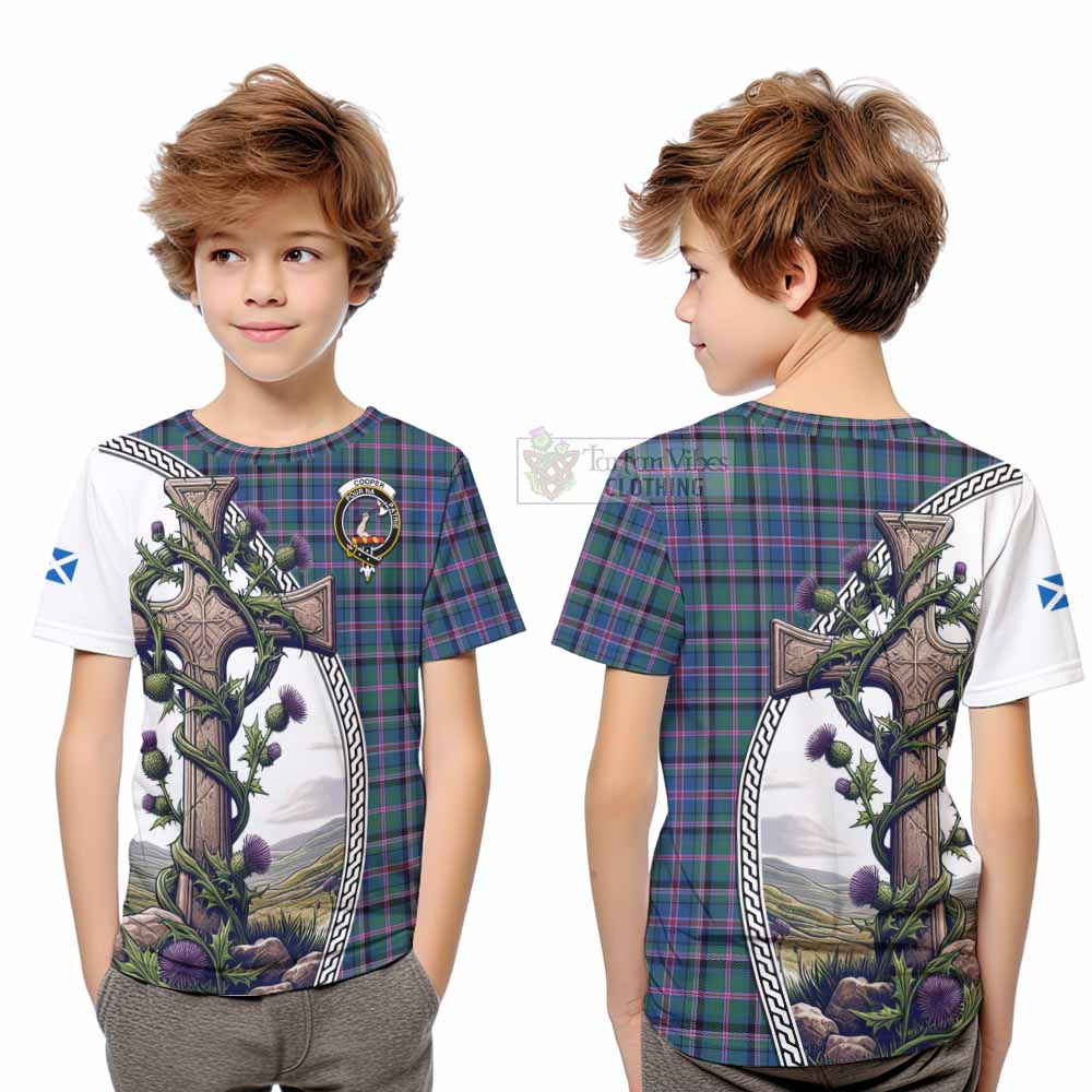 Tartan Vibes Clothing Cooper Tartan Kid T-Shirt with Family Crest and St. Andrew's Cross Accented by Thistle Vines