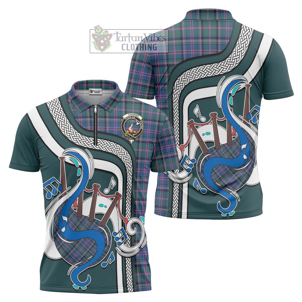 Cooper Tartan Zipper Polo Shirt with Epic Bagpipe Style Unisex - Tartanvibesclothing Shop