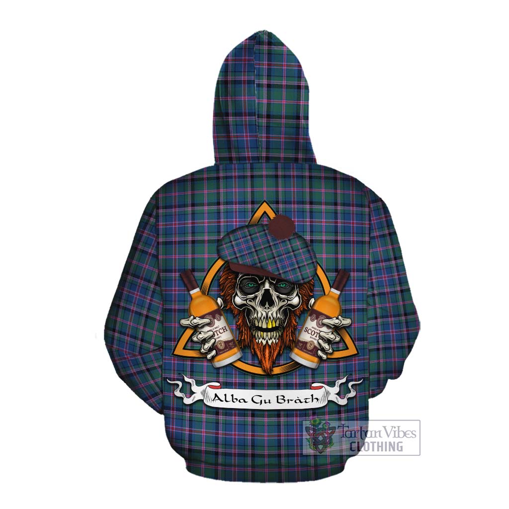 Tartan Vibes Clothing Cooper Tartan Cotton Hoodie with Family Crest and Bearded Skull Holding Bottles of Whiskey