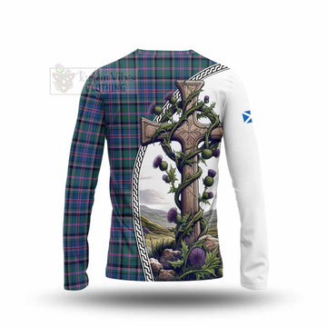 Cooper Tartan Long Sleeve T-Shirt with Family Crest and St. Andrew's Cross Accented by Thistle Vines