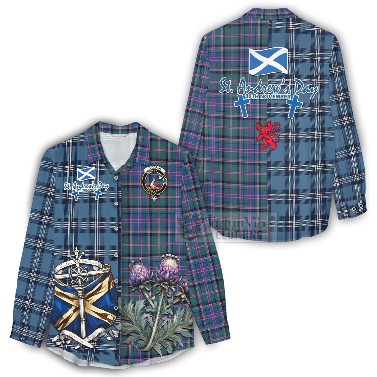 Tartan Vibes Clothing Cooper Tartan Women's Casual Shirt Happy St. Andrew's Day Half Tartan Style