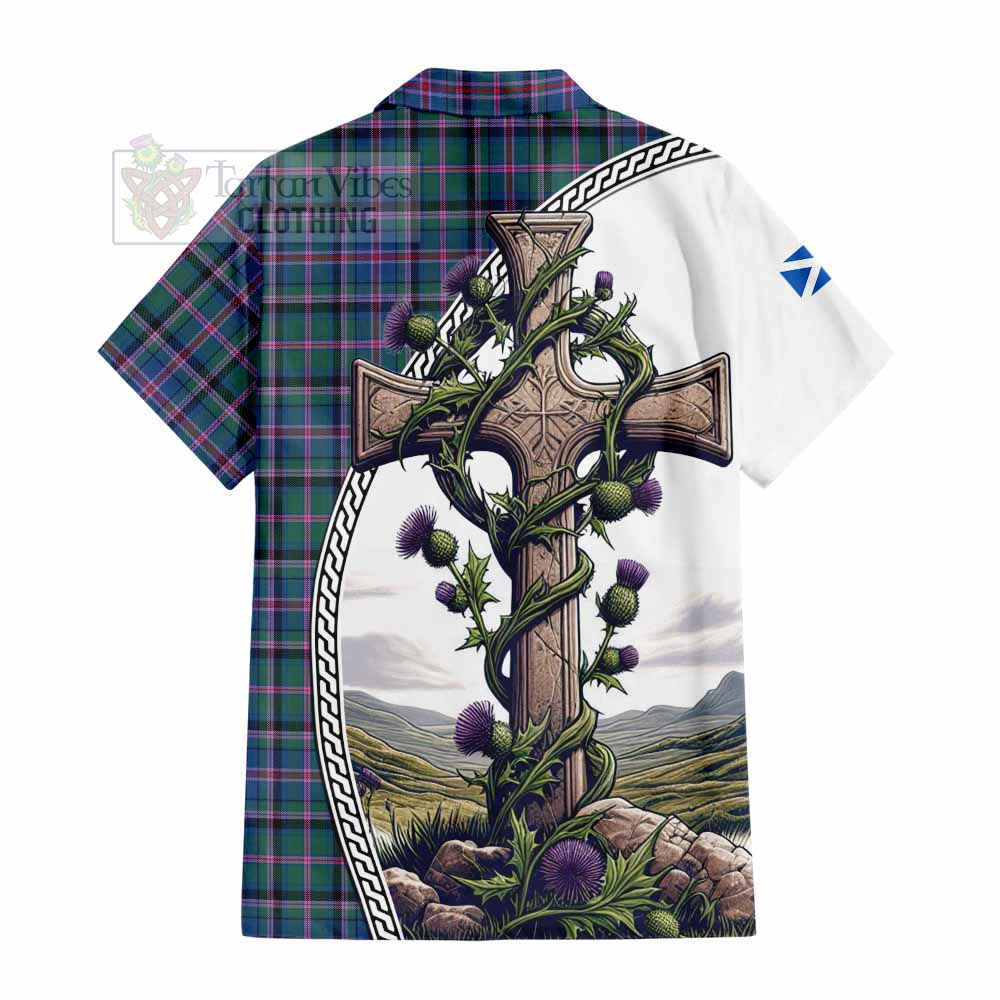 Tartan Vibes Clothing Cooper Tartan Short Sleeve Button Shirt with Family Crest and St. Andrew's Cross Accented by Thistle Vines