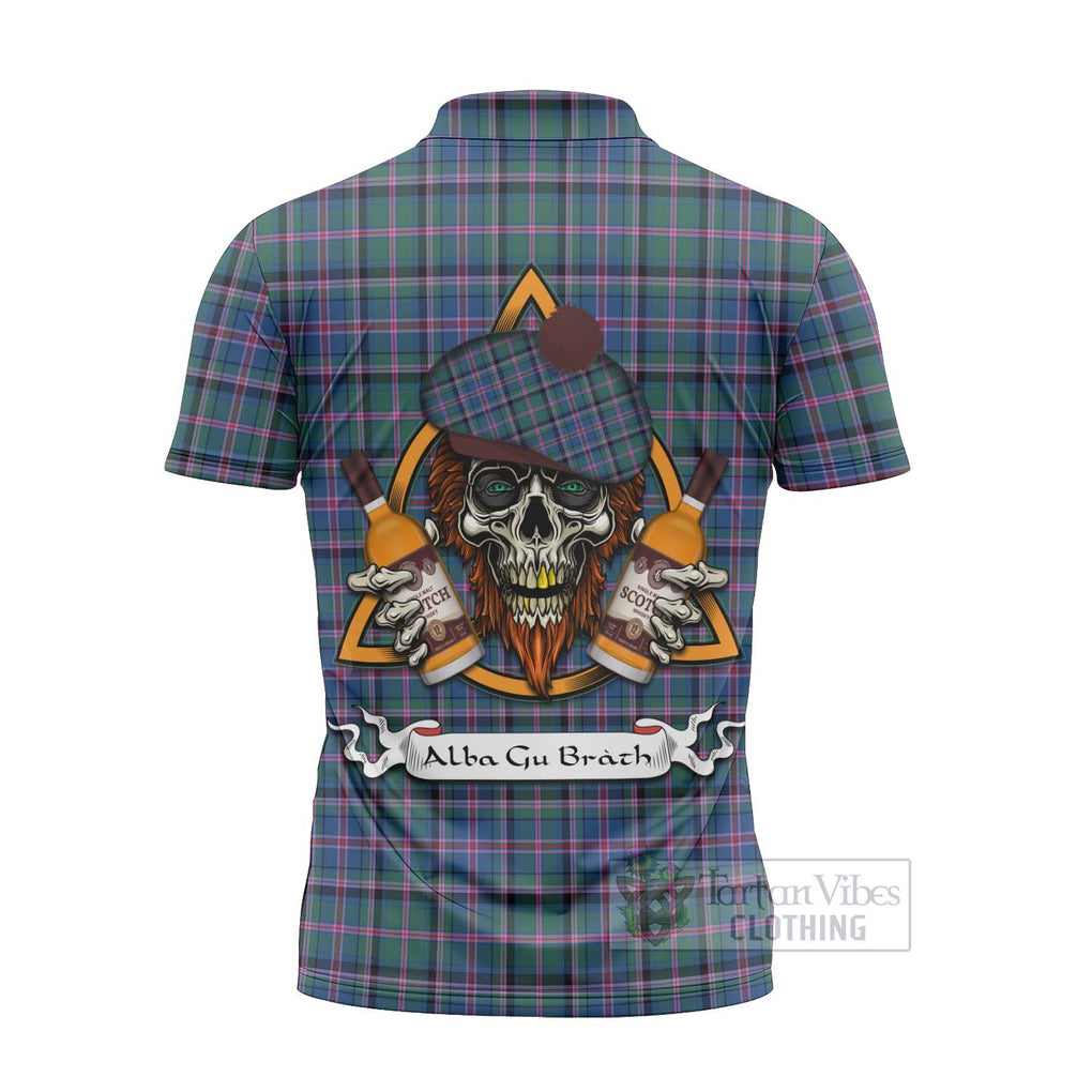 Tartan Vibes Clothing Cooper Tartan Zipper Polo Shirt with Family Crest and Bearded Skull Holding Bottles of Whiskey