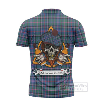 Cooper Tartan Zipper Polo Shirt with Family Crest and Bearded Skull Holding Bottles of Whiskey