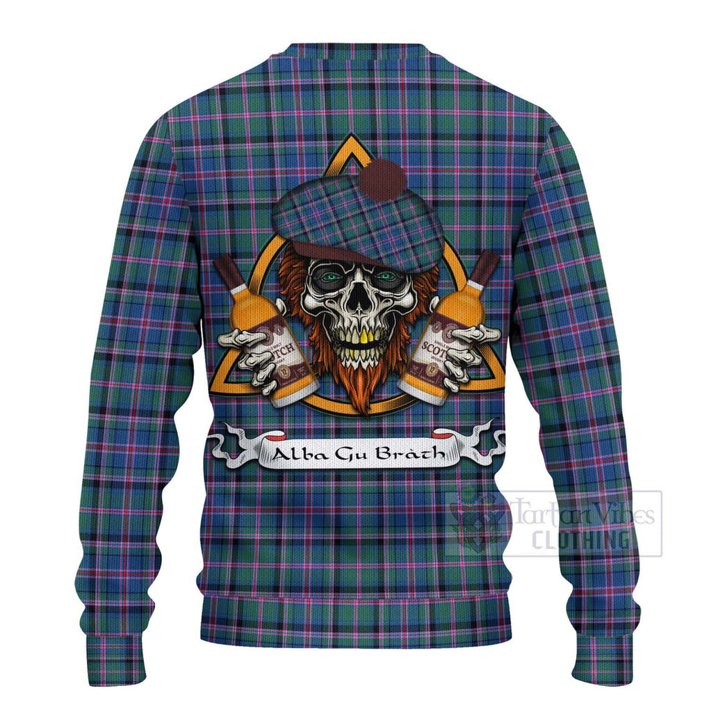 Tartan Vibes Clothing Cooper Tartan Knitted Sweater with Family Crest and Bearded Skull Holding Bottles of Whiskey