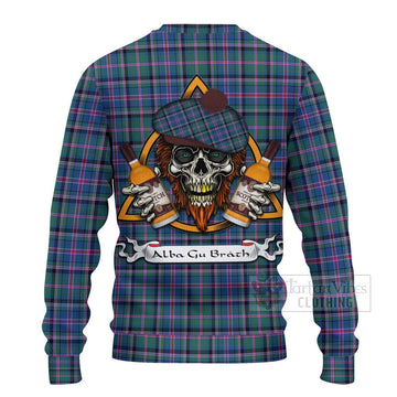 Cooper Tartan Ugly Sweater with Family Crest and Bearded Skull Holding Bottles of Whiskey