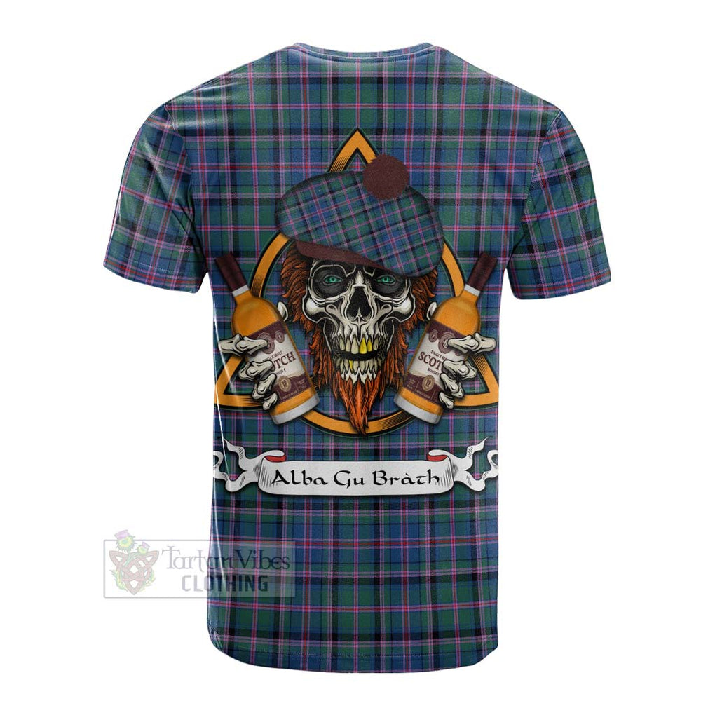 Tartan Vibes Clothing Cooper Tartan Cotton T-shirt with Family Crest and Bearded Skull Holding Bottles of Whiskey