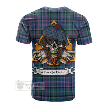 Cooper Tartan Cotton T-shirt with Family Crest and Bearded Skull Holding Bottles of Whiskey